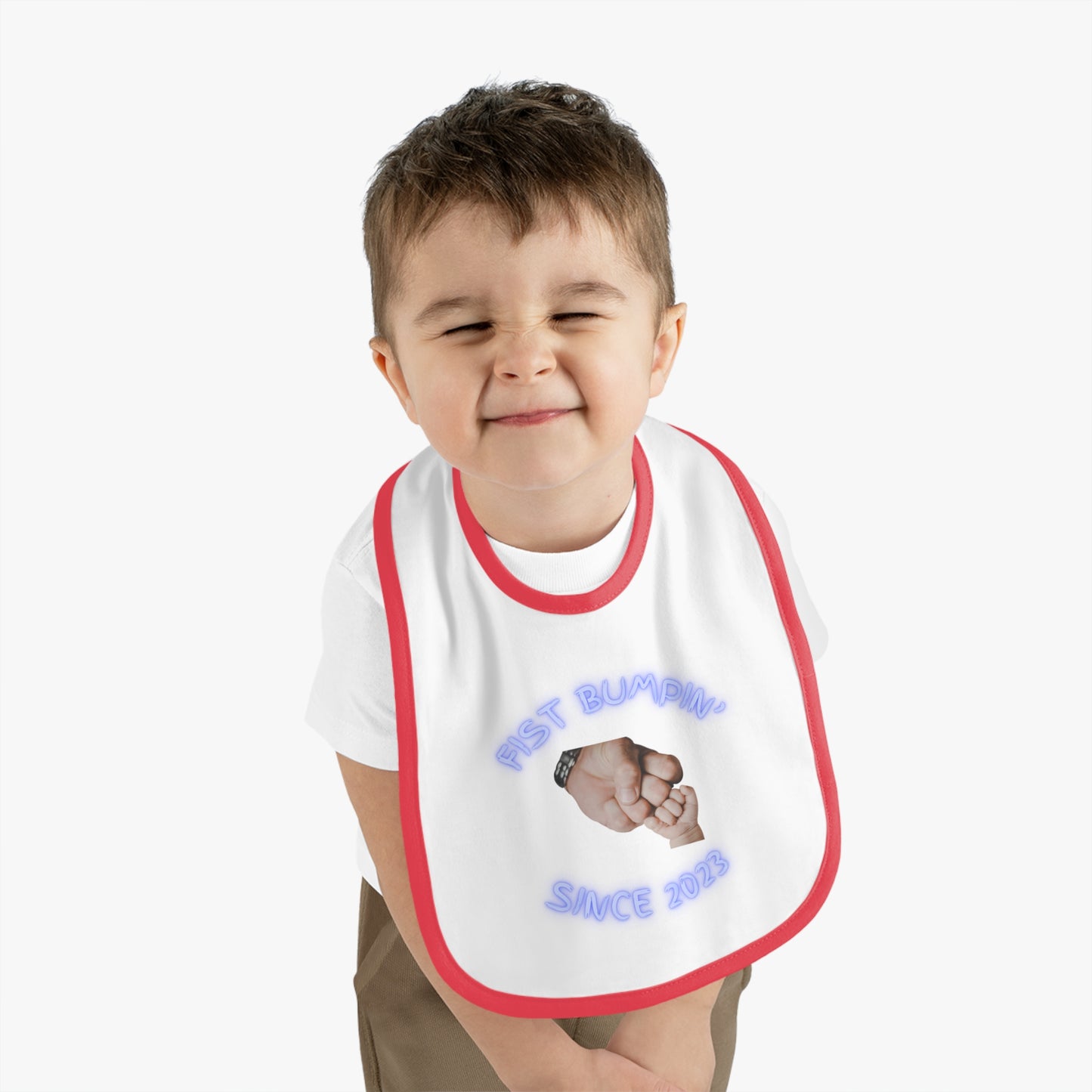 Baby Boy Blue Fist Bumpin’ Since 2023 Baby Contrast Trim Jersey Bib