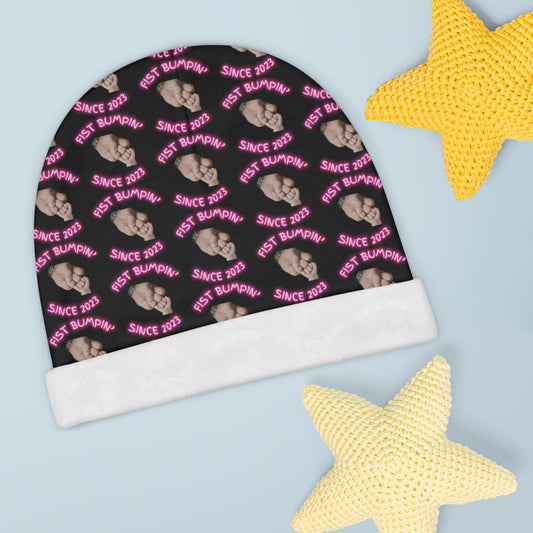 Baby Girl Pink ‘Fist Bumpin’ Since 2023 Black Baby Beanie (AOP)