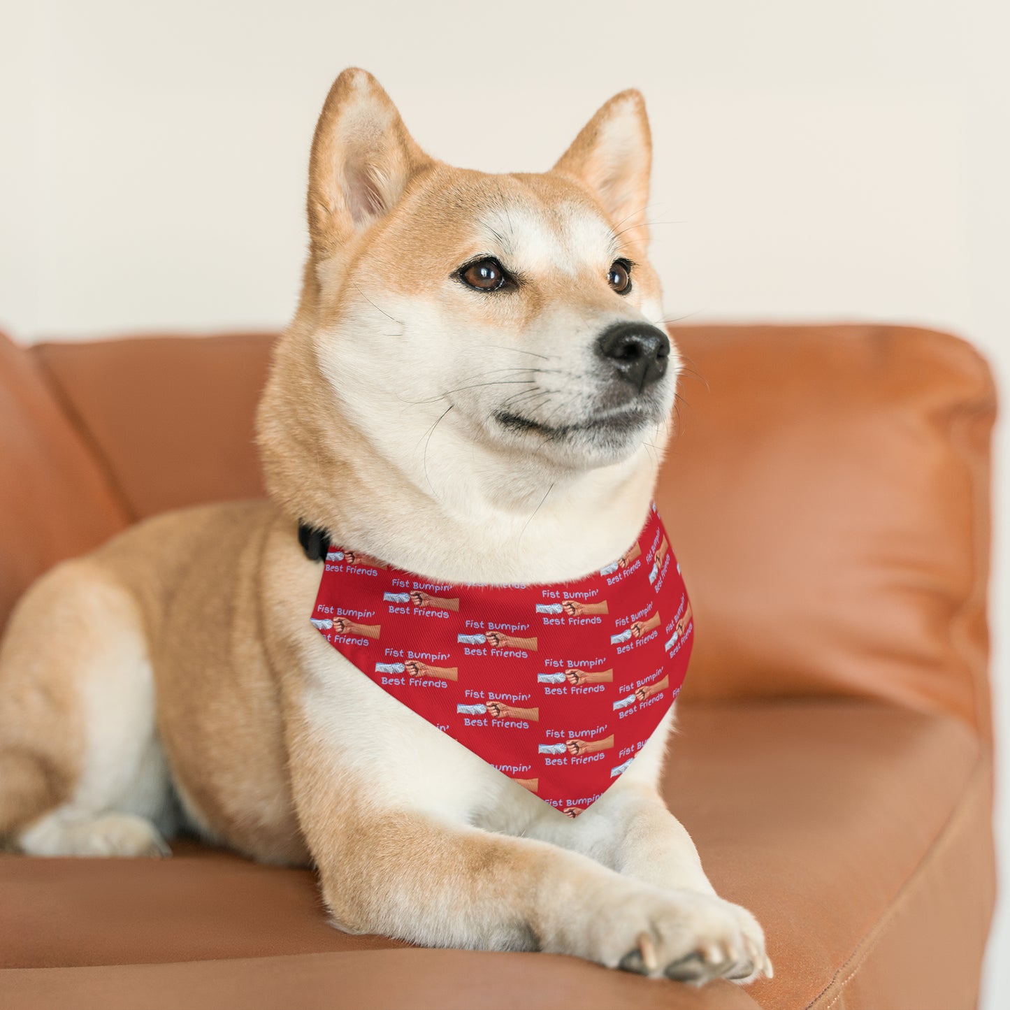 Fist Bumpin’ Best Friends Opie’s Cavalier King Charles Spaniel Paw Pet Bandana Collar Red with Light Blue lettering.