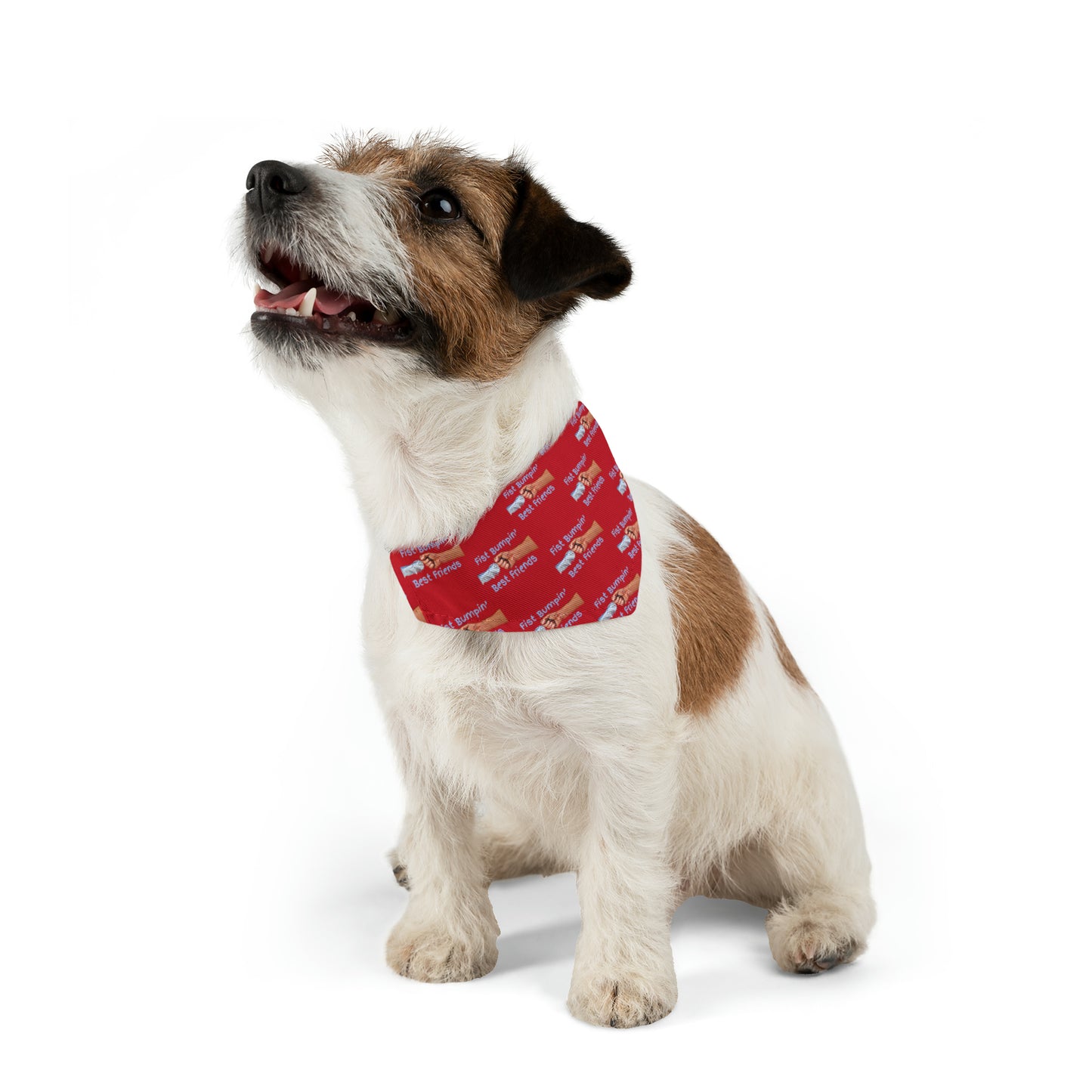 Fist Bumpin’ Best Friends Opie’s Cavalier King Charles Spaniel Paw Pet Bandana Collar Red with Light Blue lettering.