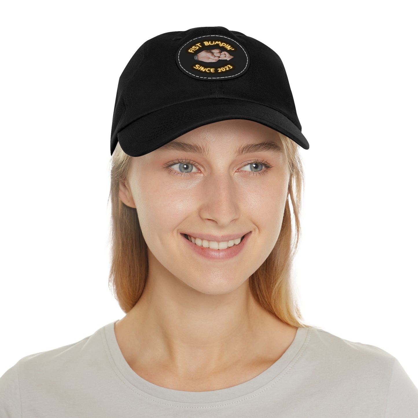 Fist Bumpin’ Since 2023 KC Gold Lettering Dad Hat with Leather Patch (Round)