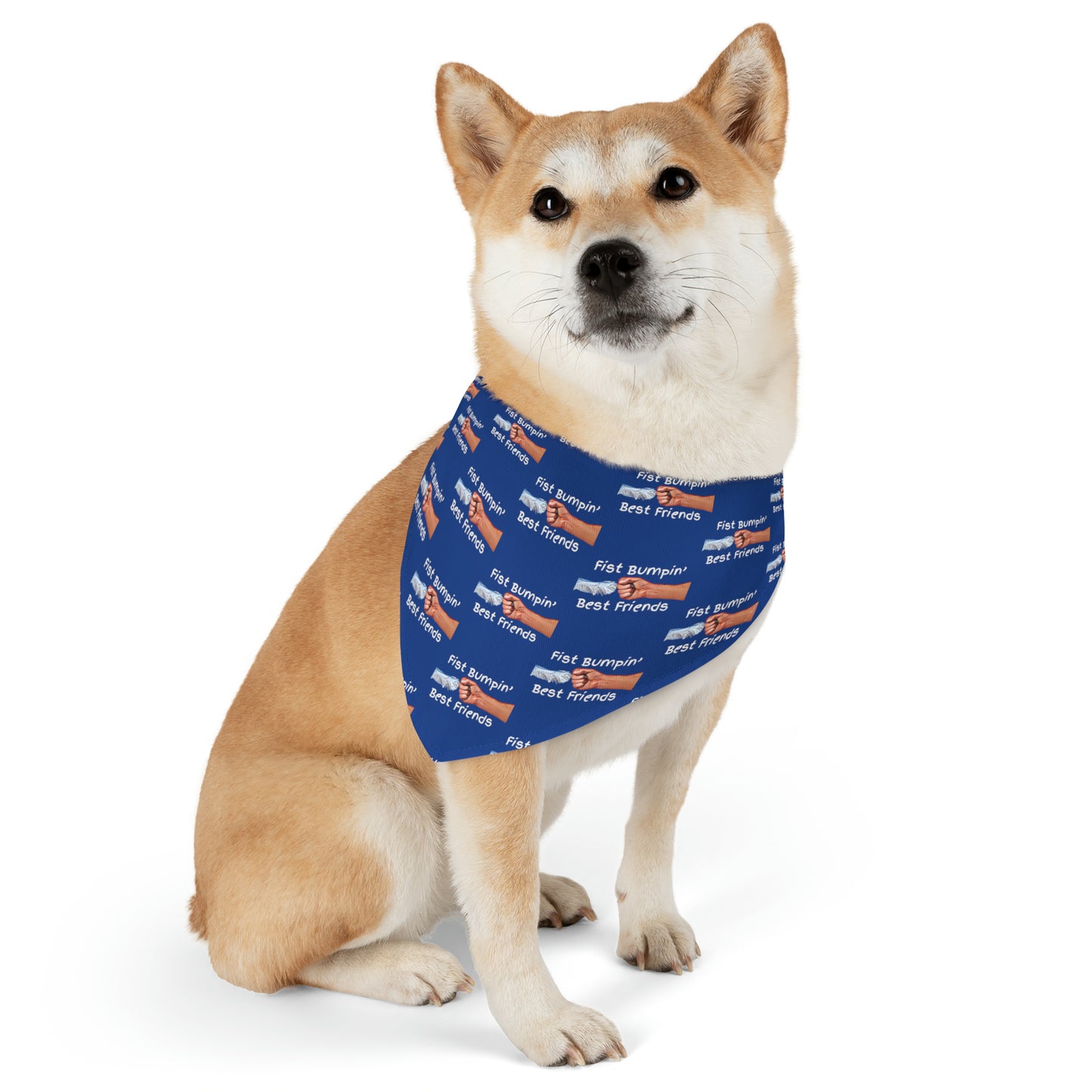 Fist Bumpin’ Best Friends Opie’s Cavalier King Charles Spaniel Pet Bandana Collar Blue with White lettering.