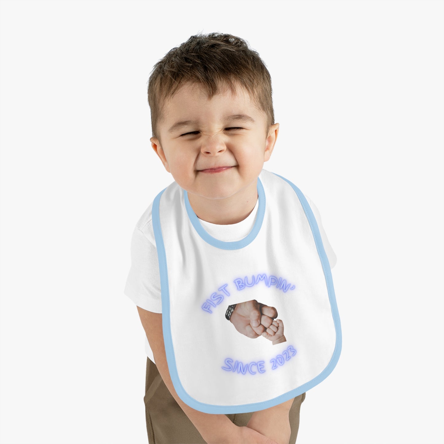 Baby Boy Blue Fist Bumpin’ Since 2023 Baby Contrast Trim Jersey Bib