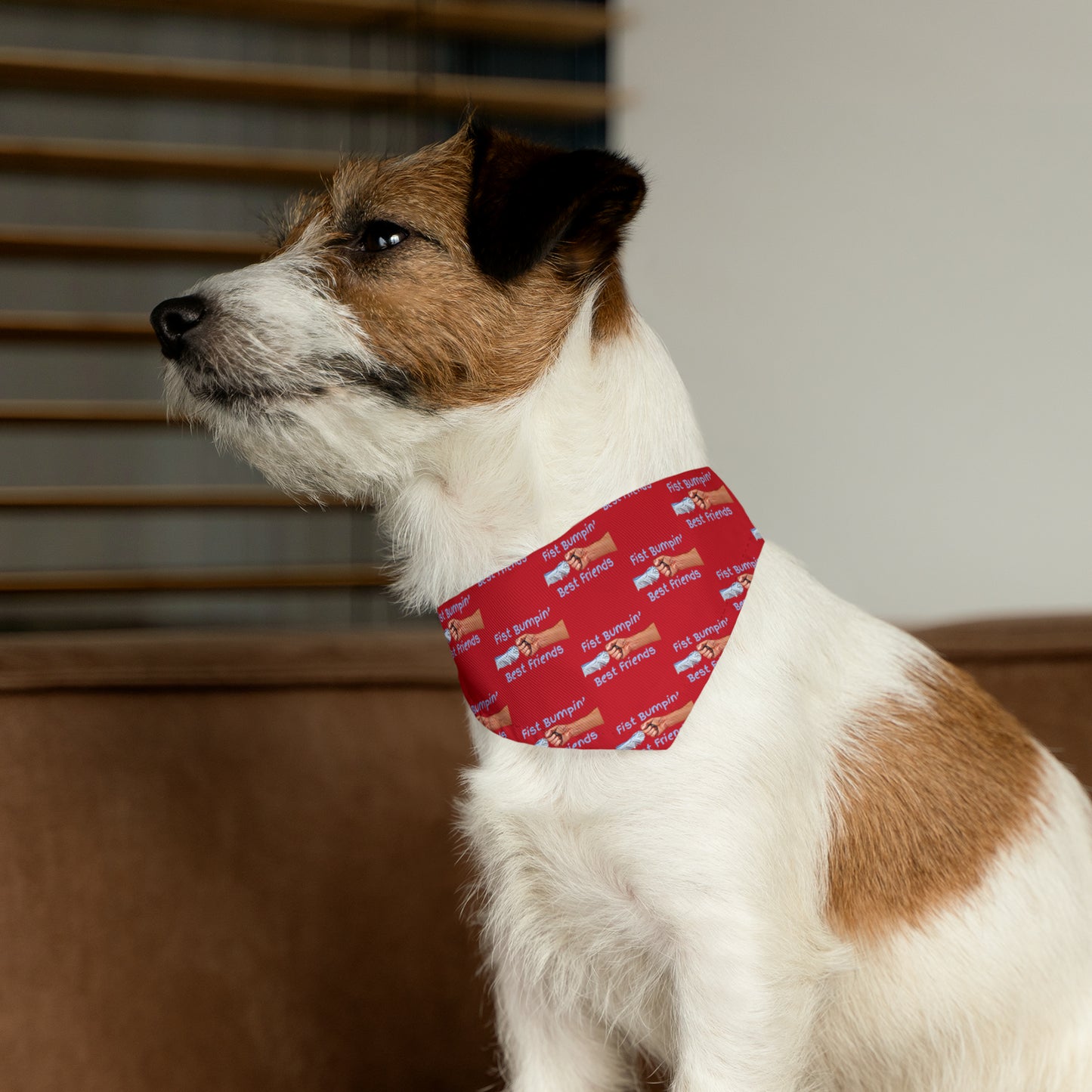 Fist Bumpin’ Best Friends Opie’s Cavalier King Charles Spaniel Paw Pet Bandana Collar Red with Light Blue lettering.