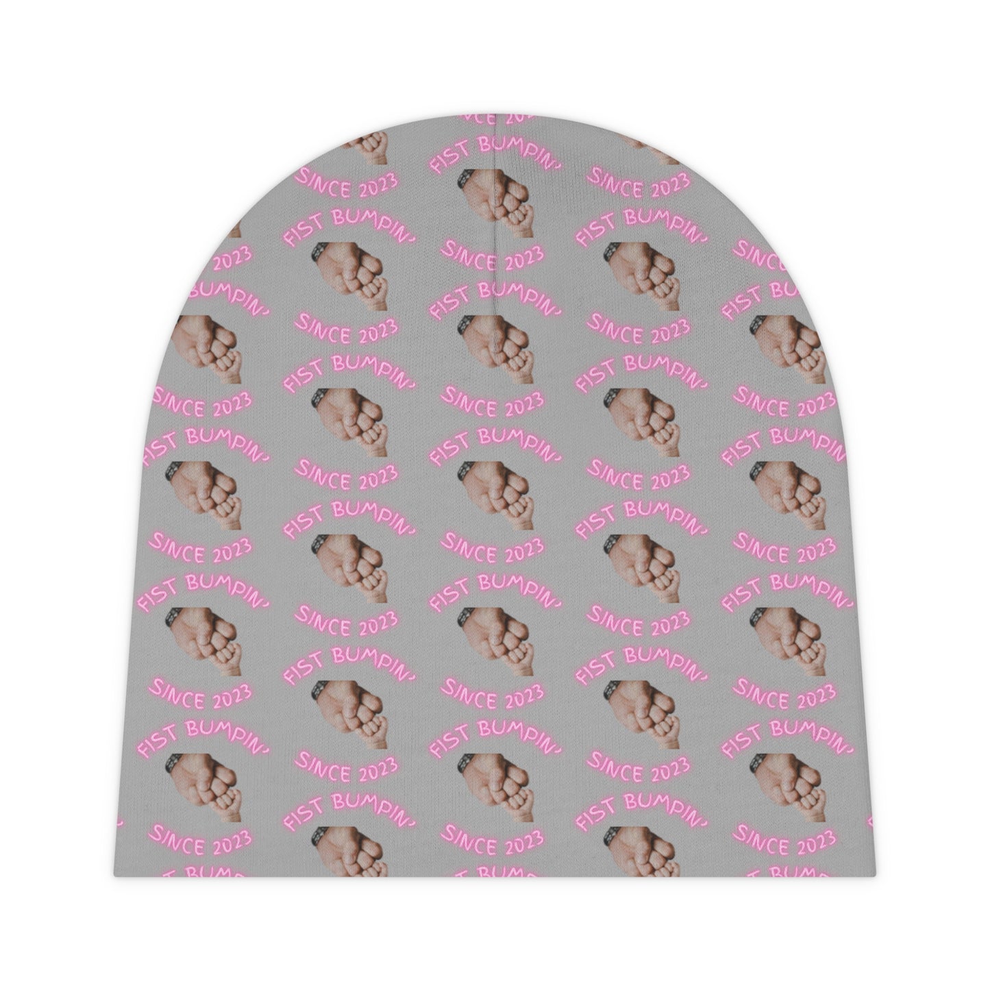 Baby Girl Pink ‘Fist Bumpin’ Since 2023 Light Grey Baby Beanie (AOP)