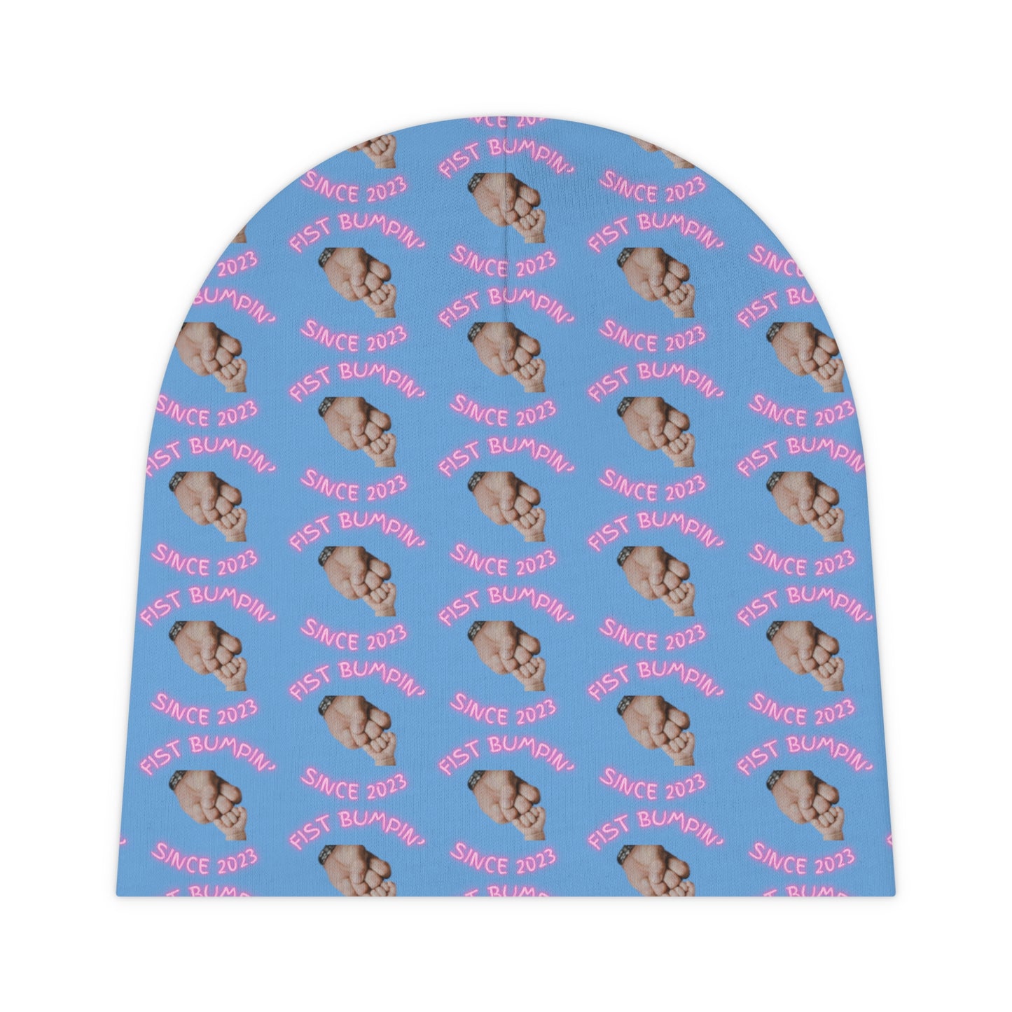Baby Girl Pink Fist Bumpin’ Since 2023 Light Blue Baby Beanie (AOP)