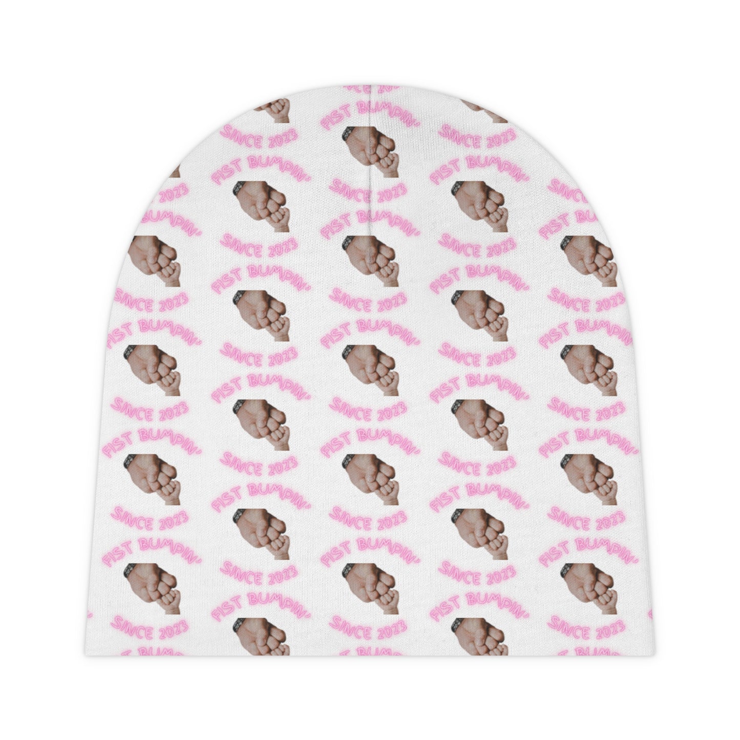 Baby Girl Pink Fist Bumpin’ Since 2023 White Baby Beanie (AOP)