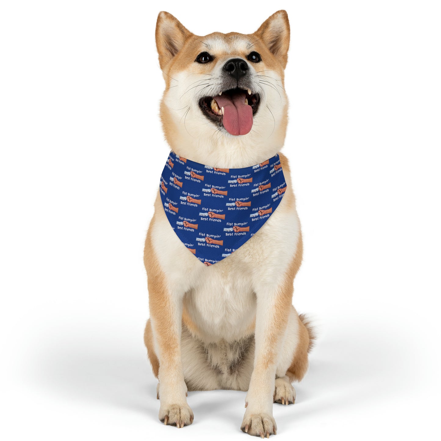 Fist Bumpin’ Best Friends Opie’s Cavalier King Charles Spaniel Pet Bandana Collar Blue with White lettering.