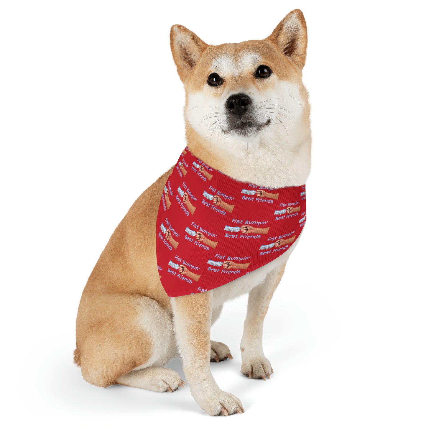 Fist Bumpin’ Best Friends Opie’s Cavalier King Charles Spaniel Paw Pet Bandana Collar Red with Light Blue lettering.