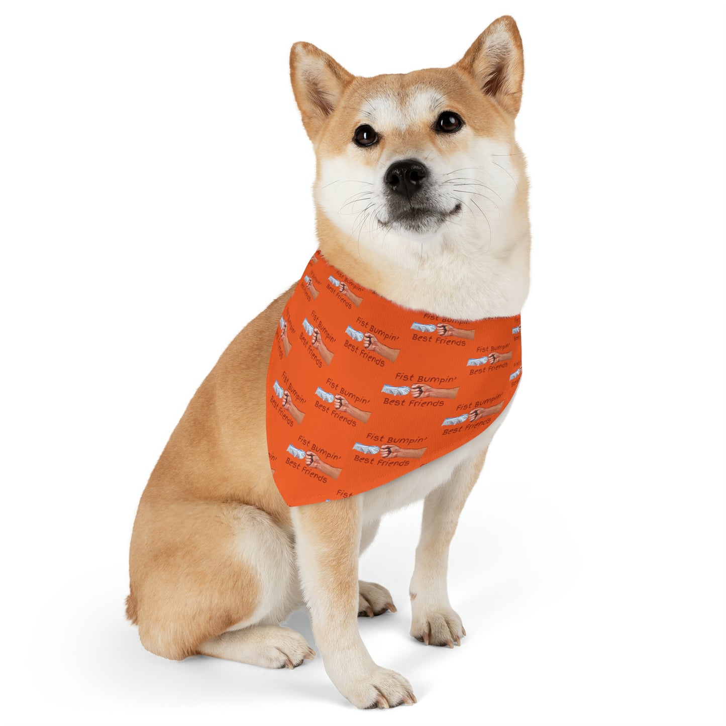 Fist Bumpin’ Best Friends Opie’s Cavalier King Charles Paw Pet Bandana Collar Orange with Red lettering.