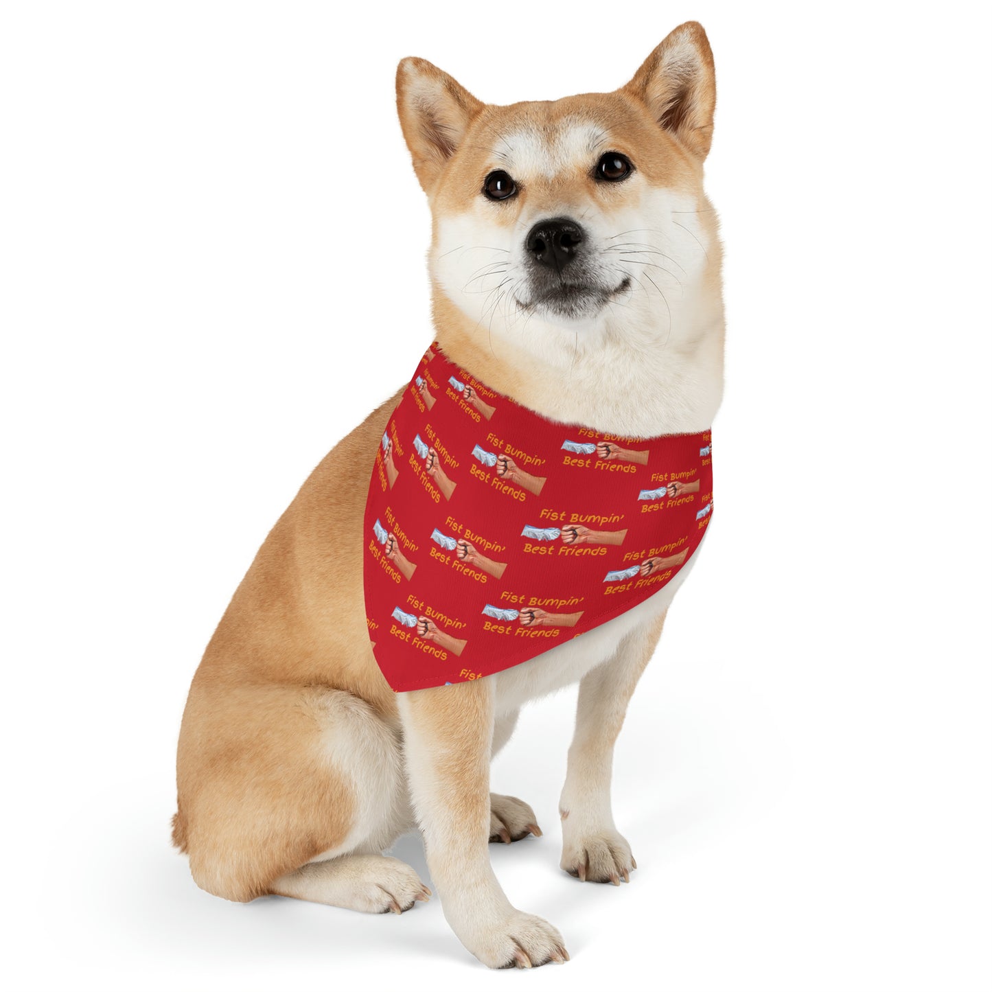 Fist Bumpin’ Best Friends Opie’s Cavalier King Charles Spaniel Paw Pet Bandana Collar Red with Gold lettering.