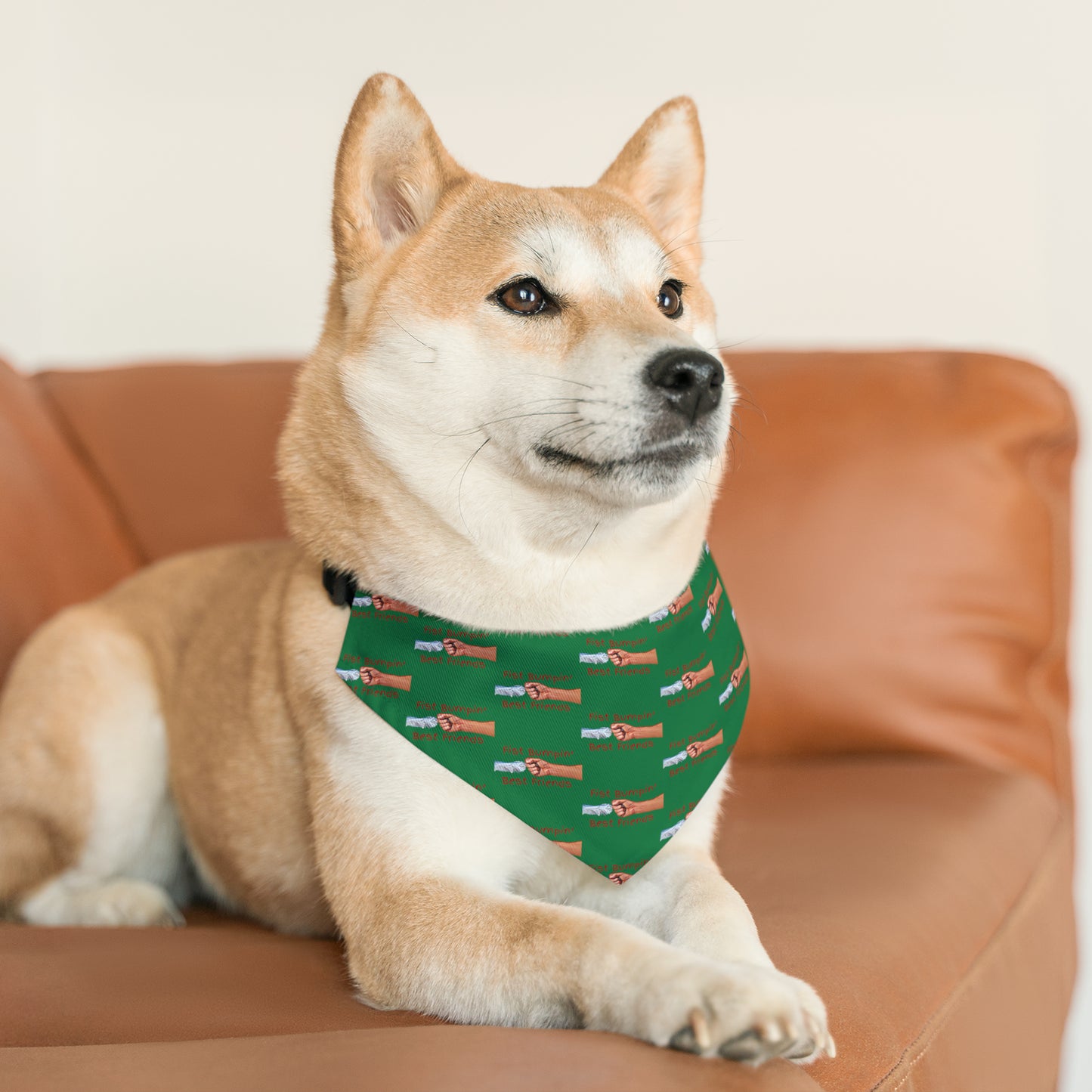 Fist Bumpin’ Best Friends Opie’s Cavalier King Charles Spaniel Pet Bandana Collar Green with Red lettering.