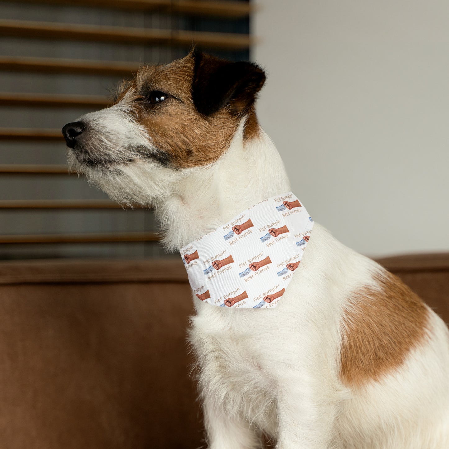 Fist Bumpin’ Best Friends Opie’s Cavalier King Charles Spaniel Pet Bandana Collar White with Tan lettering.