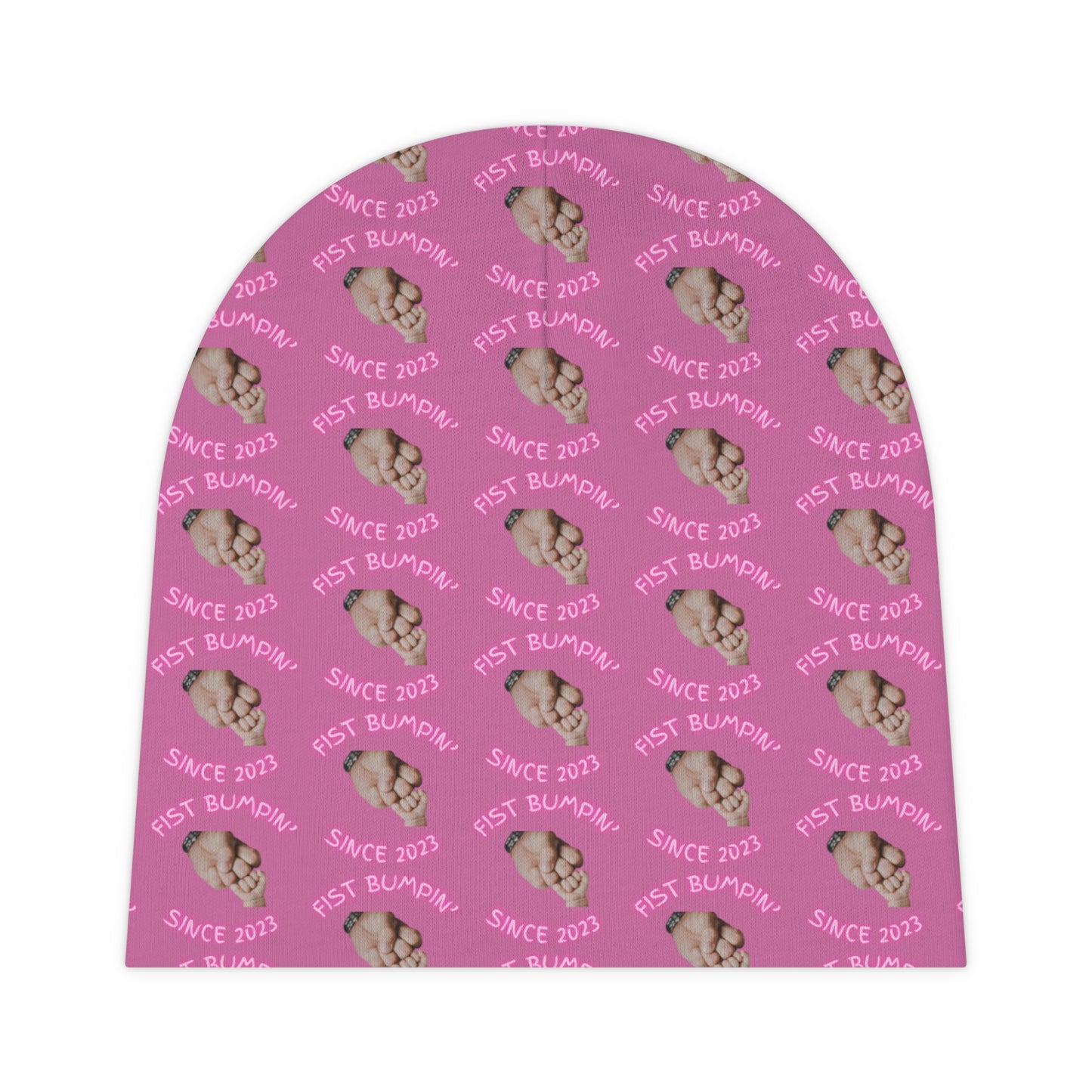 Baby Girl Pink ‘Fist Bumpin’ Since 2023 Pink Baby Beanie (AOP)