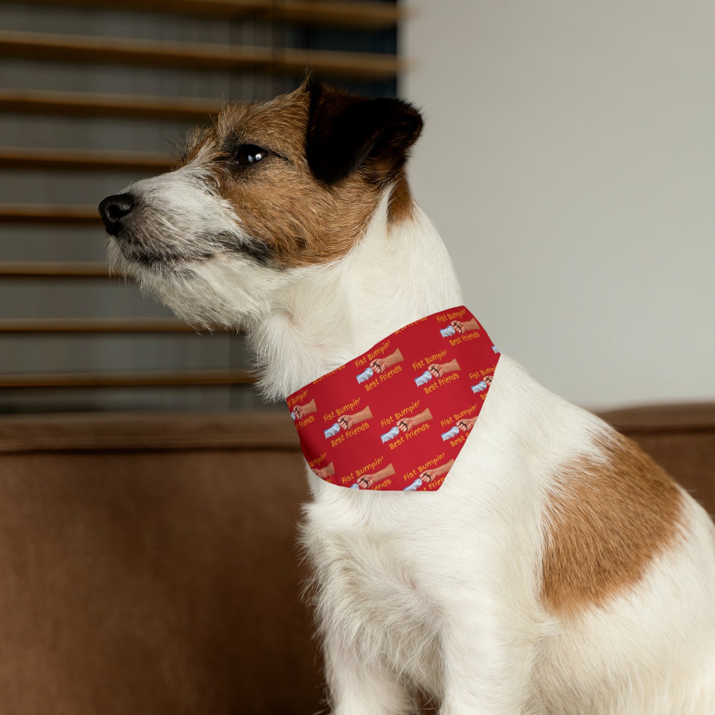 Fist Bumpin’ Best Friends Opie’s Cavalier King Charles Spaniel Paw Pet Bandana Collar Red with Gold lettering.