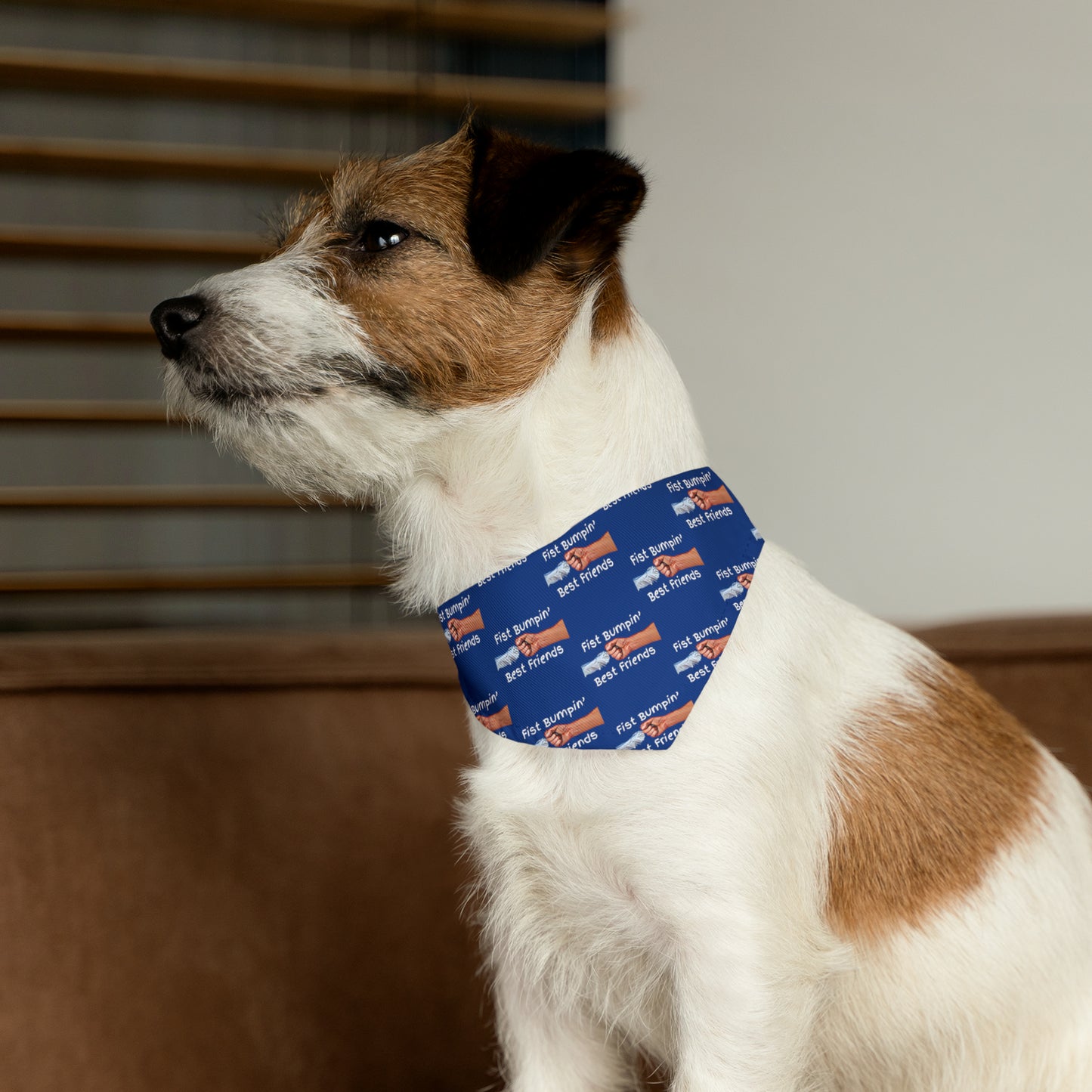 Fist Bumpin’ Best Friends Opie’s Cavalier King Charles Spaniel Pet Bandana Collar Blue with White lettering.