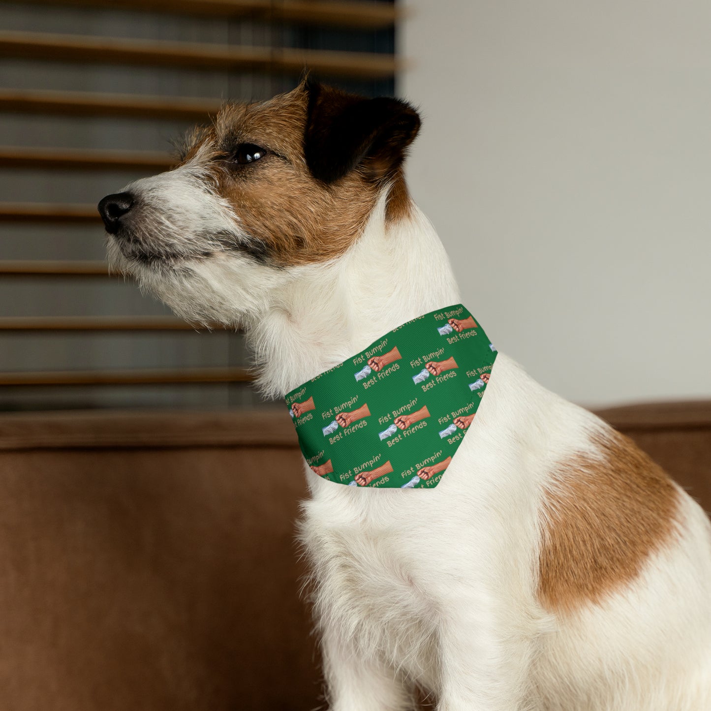 Fist Bumpin’ Best Friends Opie’s Cavalier King Charles Spaniel Pet Bandana Collar Green with Tan lettering.