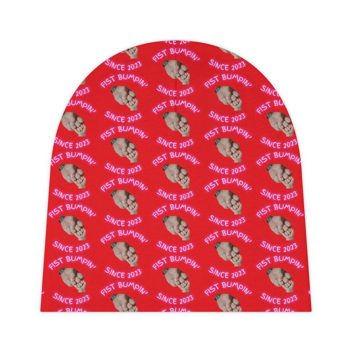 Baby Girl Pink ‘Fist Bumpin’ Since 2023 Red Baby Beanie (AOP)