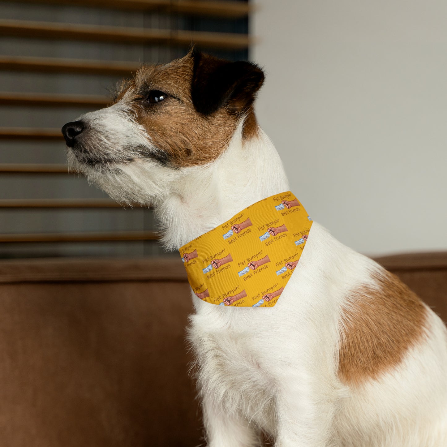 Fist Bumpin’ Best Friends Opie’s Cavalier King Charles Spaniel Paw Pet Bandana Collar Yellow with Brown lettering.