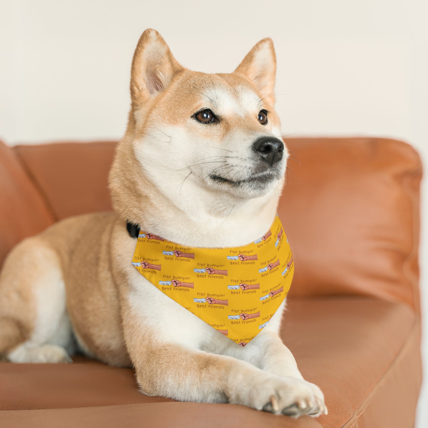 Fist Bumpin’ Best Friends Opie’s Cavalier King Charles Spaniel Paw Pet Bandana Collar Yellow with Brown lettering.