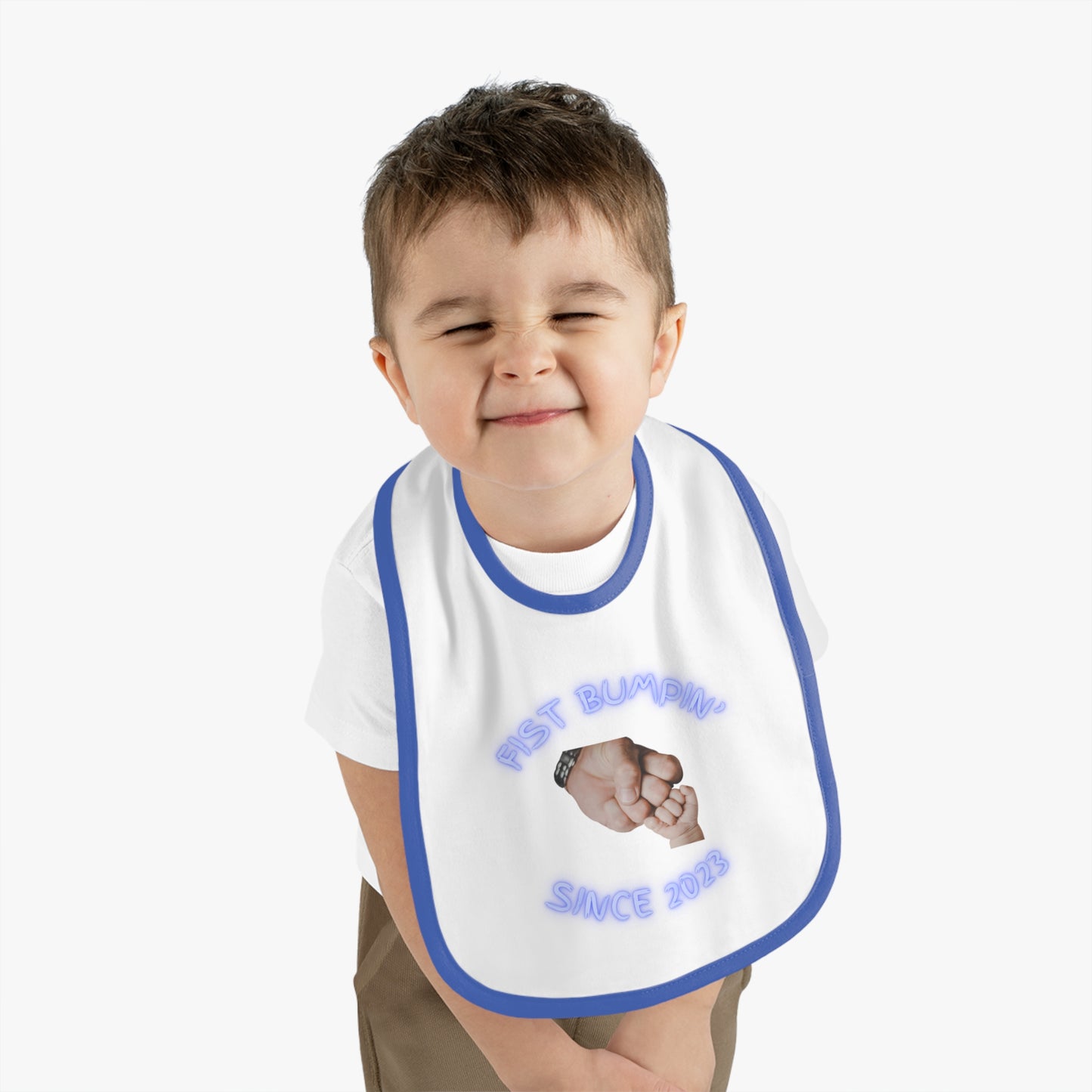 Baby Boy Blue Fist Bumpin’ Since 2023 Baby Contrast Trim Jersey Bib