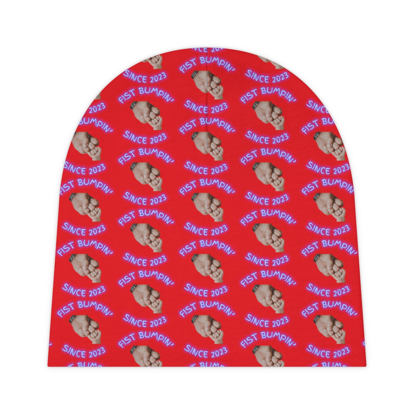 Baby Boy Blue Fist Bumpin’ Since 2023 Red Baby Beanie (AOP)