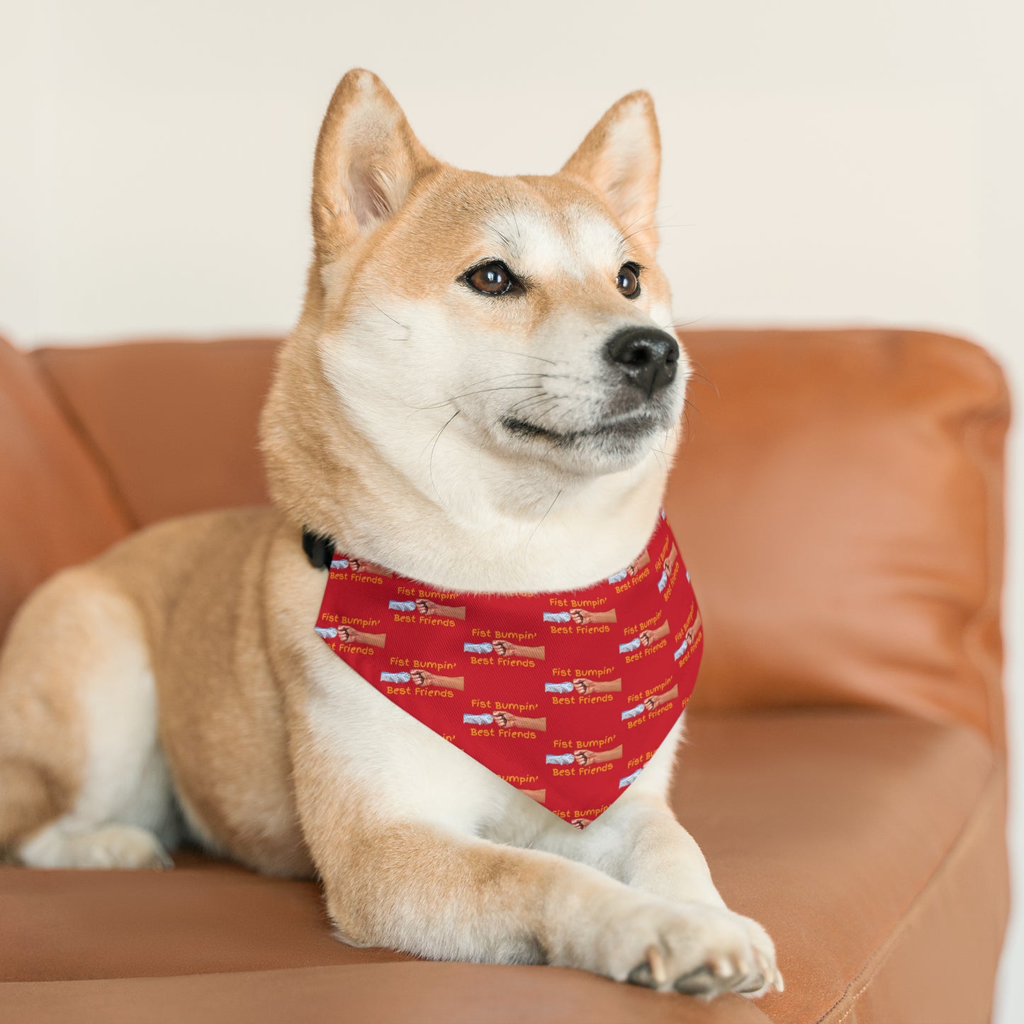 Fist Bumpin’ Best Friends Opie’s Cavalier King Charles Spaniel Paw Pet Bandana Collar Red with Gold lettering.