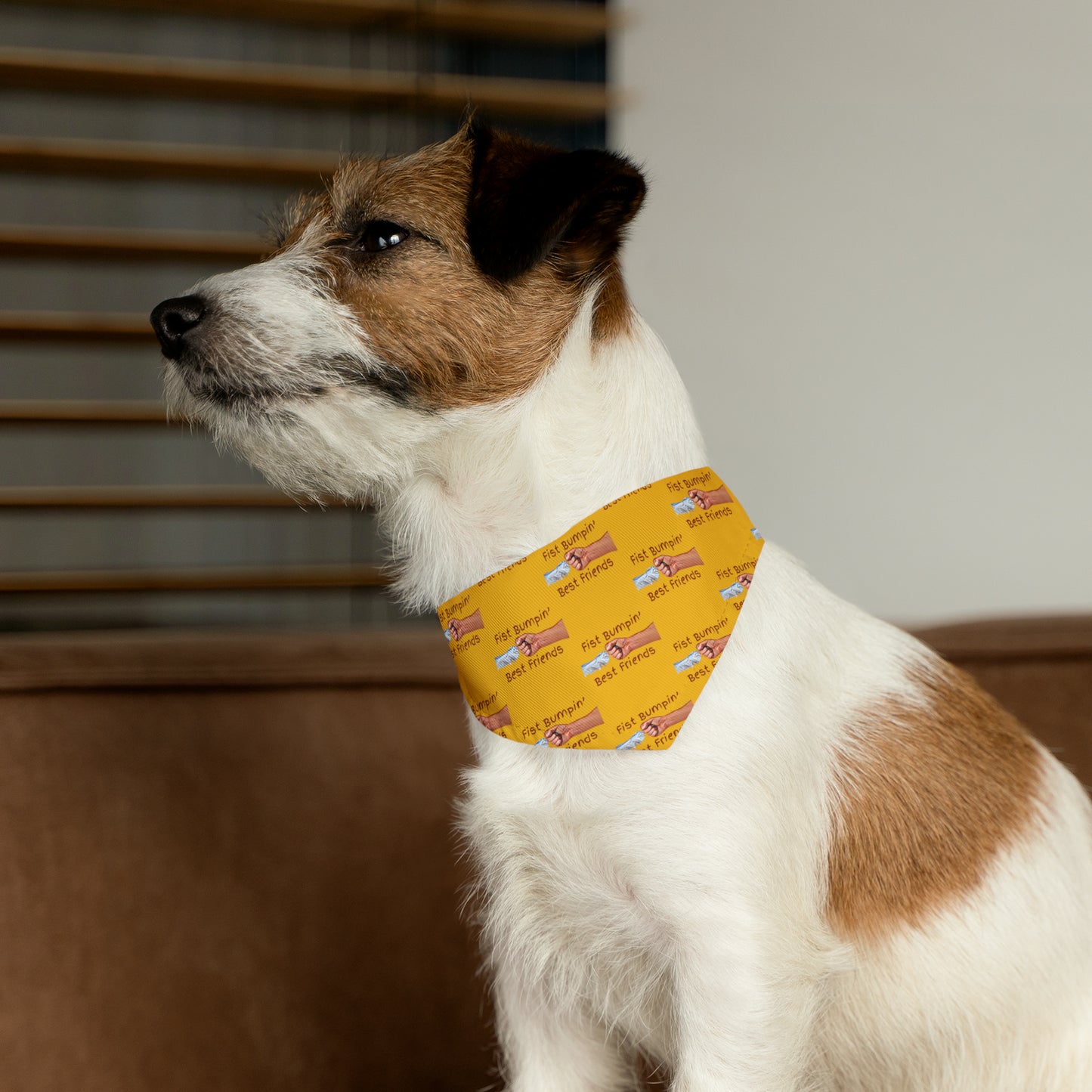 Fist Bumpin’ Best Friends Opie’s Cavalier King Charles Spaniel Paw Pet Bandana Collar Yellow with Red lettering.